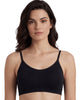 Black full coverage non-padded wire-free sports bra, front view on a model