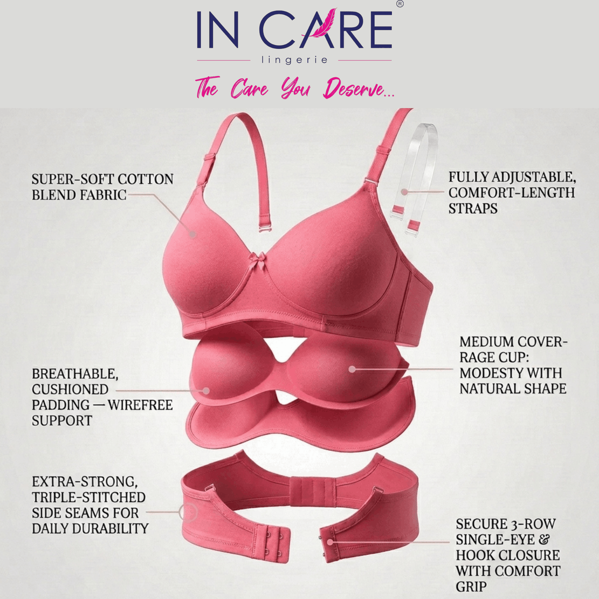 Padded Bra with Detachable Straps - Medium Coverage, B Cup