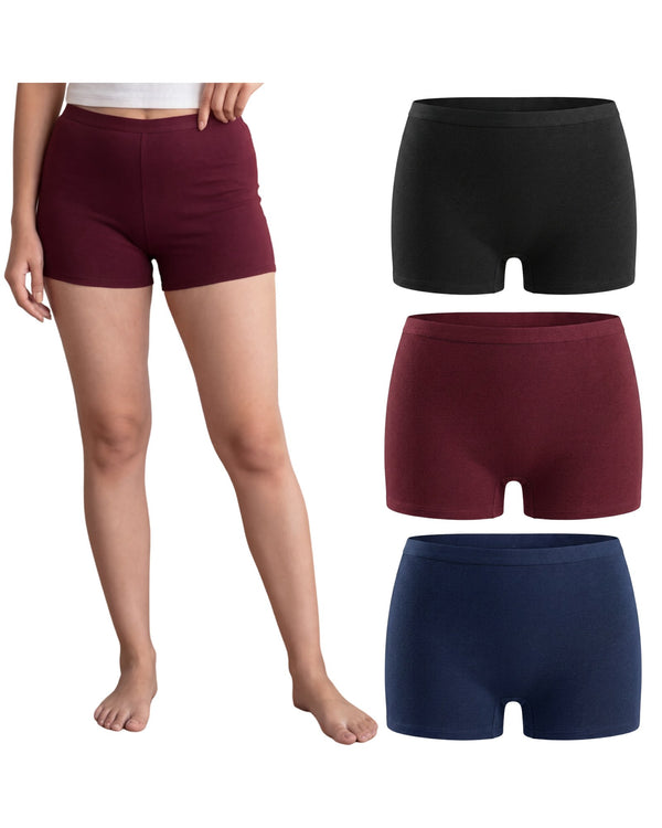 Cotton hipster boyshorts pack of 3 in black, maroon and navy, maroon pair worn by a model