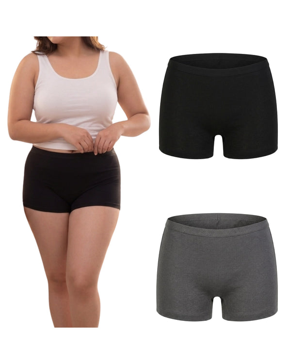 Cotton stretch boyshorts pack of 2 in black and grey with outer elastic, black pair worn by a model