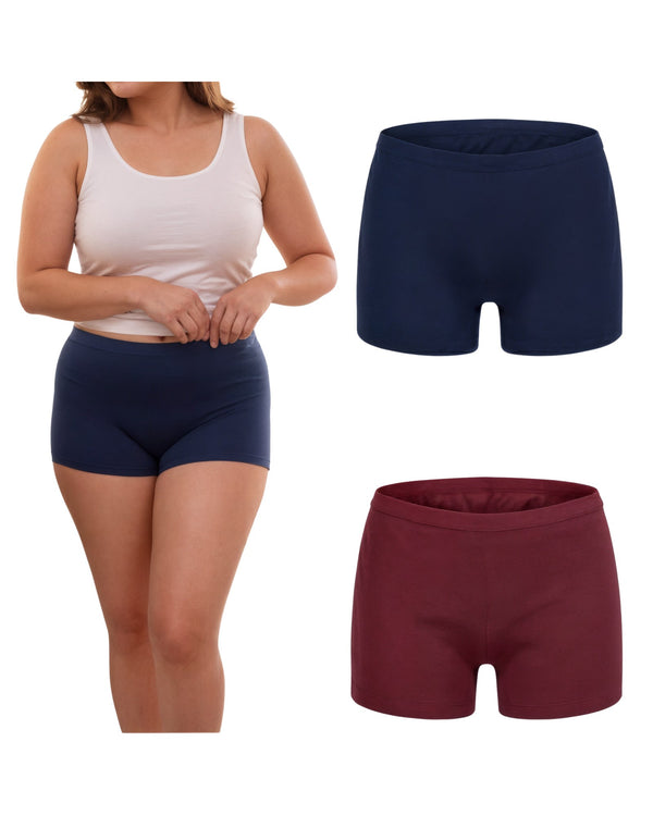 Cotton stretch boyshorts pack of 2 in navy and maroon with outer elastic, navy pair worn by a model