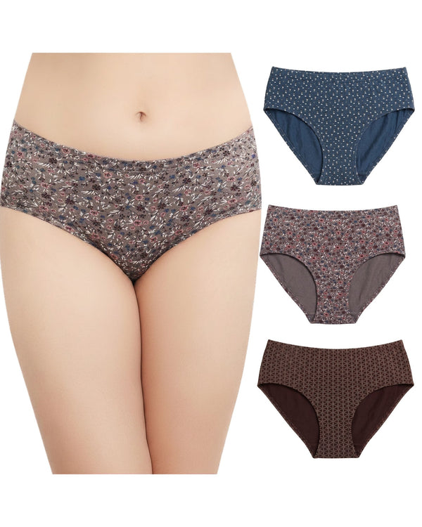 Cotton hipster panty combo pack of 3 in slate, taupe and cocoa prints, one pair worn by a model