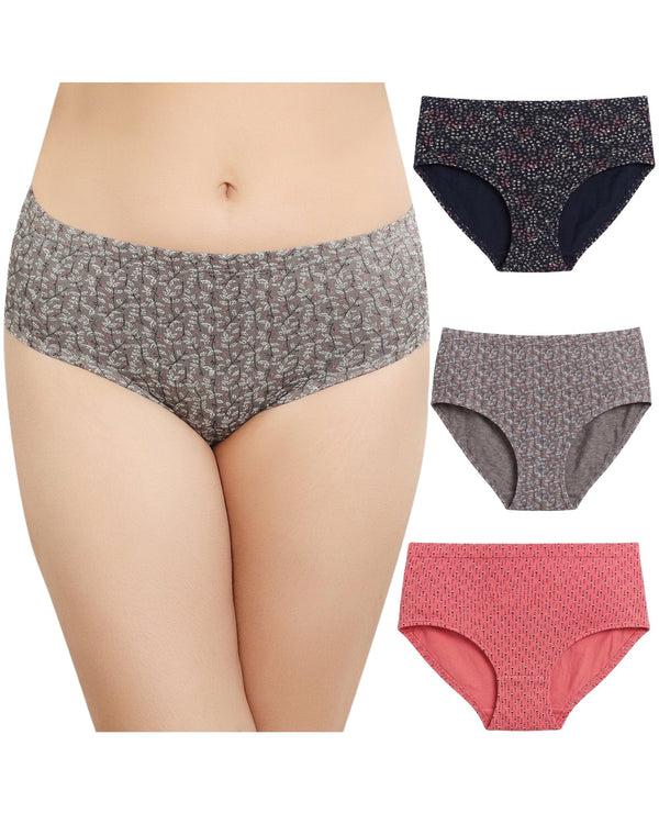 Cotton hipster panty combo pack of 3 in coral, grey and ink prints, grey pair worn by a model