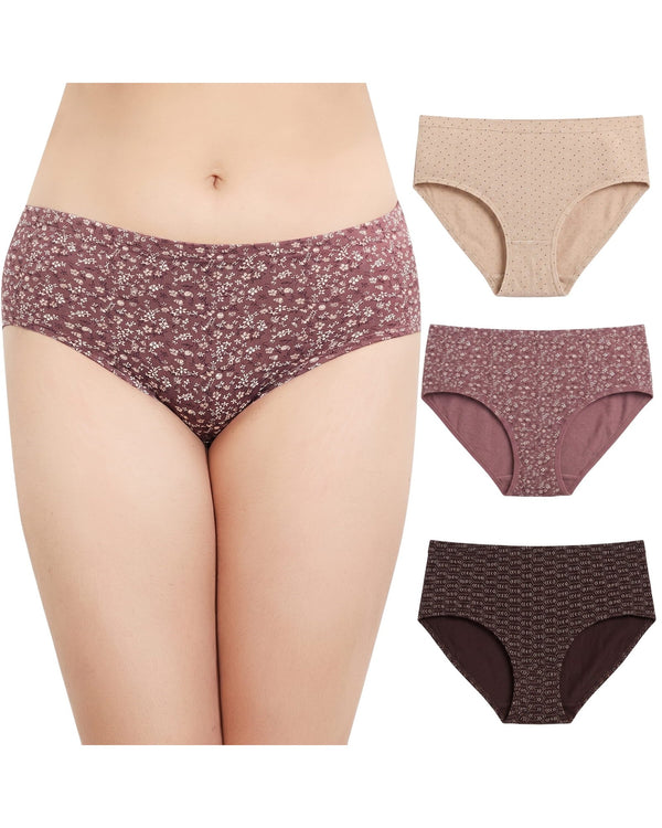 Cotton hipster panty combo pack of 3 in nude, mauve and espresso prints, mauve pair worn by a model