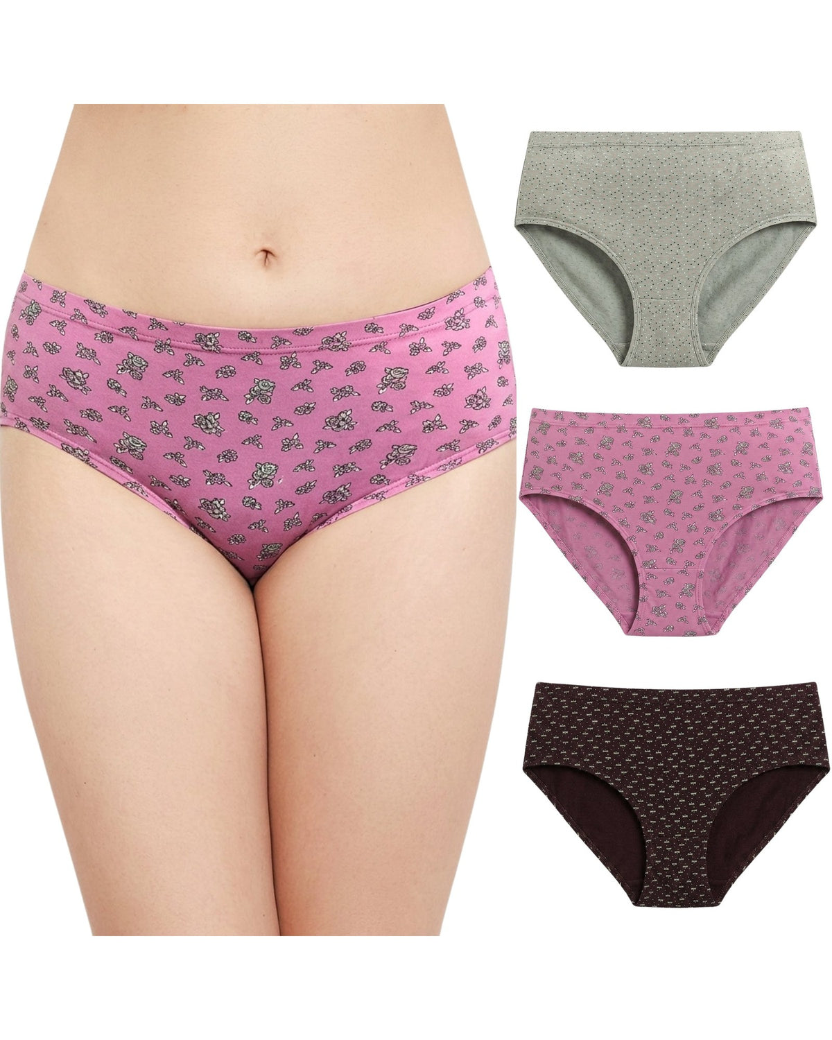 Cotton hipster panty combo pack of 3 in rose, sage and espresso prints, rose pair worn by a model
