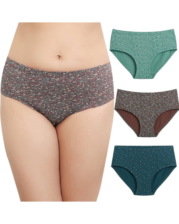 Cotton hipster panty combo pack of 3 in three different prints, one pair worn by a model