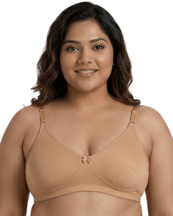 Nude plus size full coverage non-padded bra, E cup, front view on a model