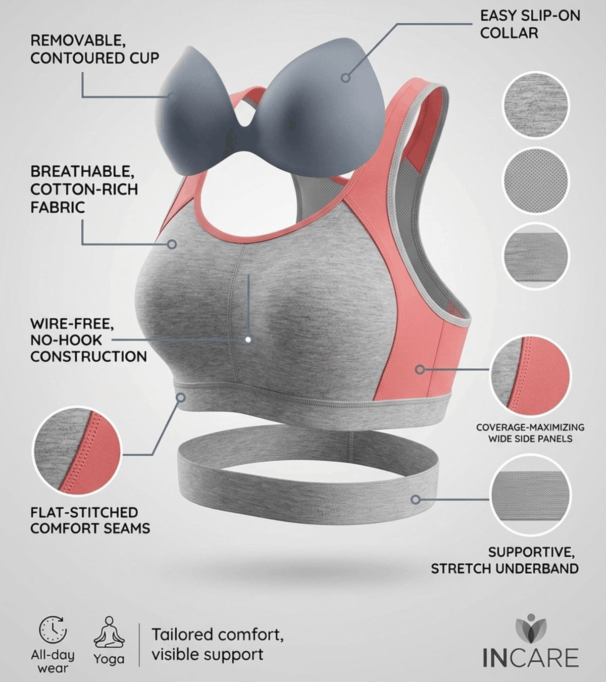 Padded Sports Bra with Removable Cups & Adjustable Straps