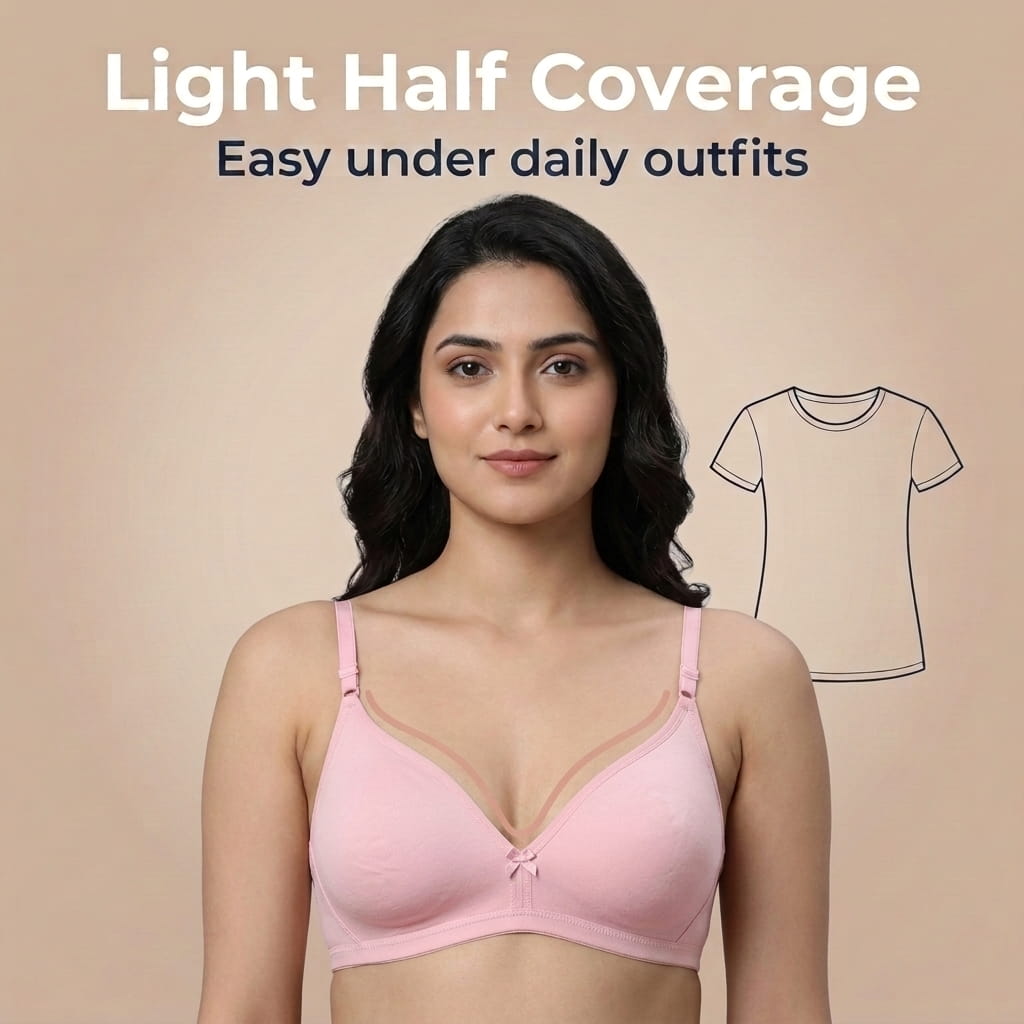 Half Coverage Non-Padded T-Shirt Bra | Deep Neck Seamless B Cup | In Care