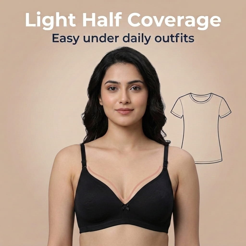 Half Coverage Non-Padded T-Shirt Bra | Deep Neck Seamless B Cup | In Care