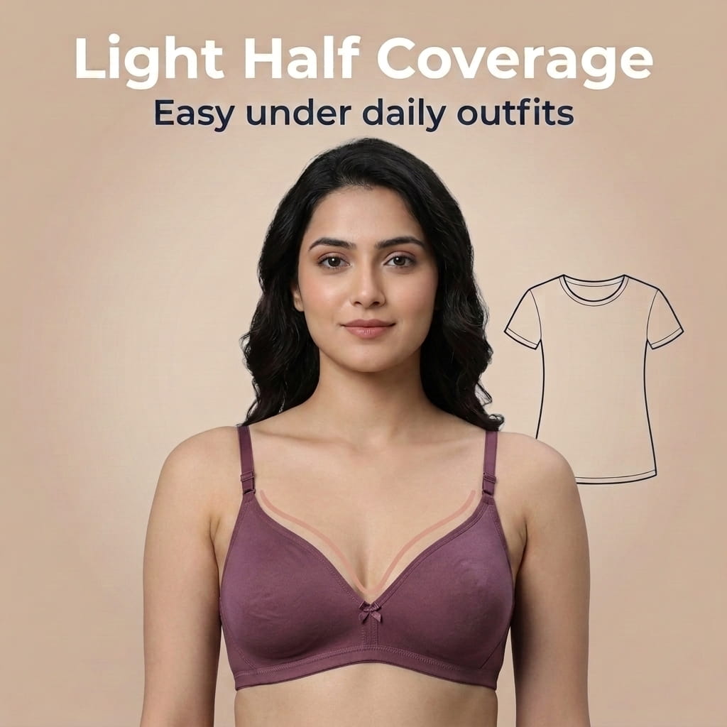 Half Coverage Non-Padded T-Shirt Bra | Deep Neck Seamless B Cup | In Care