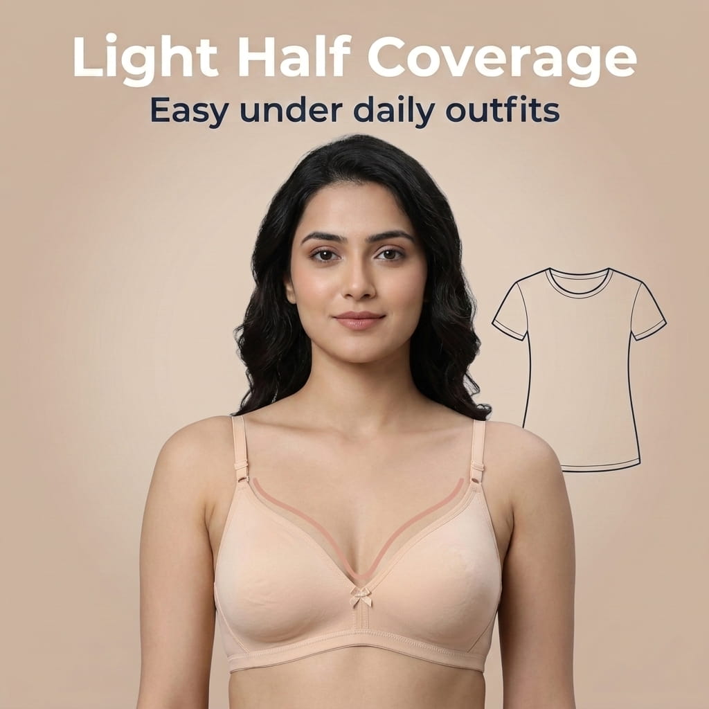 Half Coverage Non-Padded T-Shirt Bra | Deep Neck Seamless B Cup | In Care