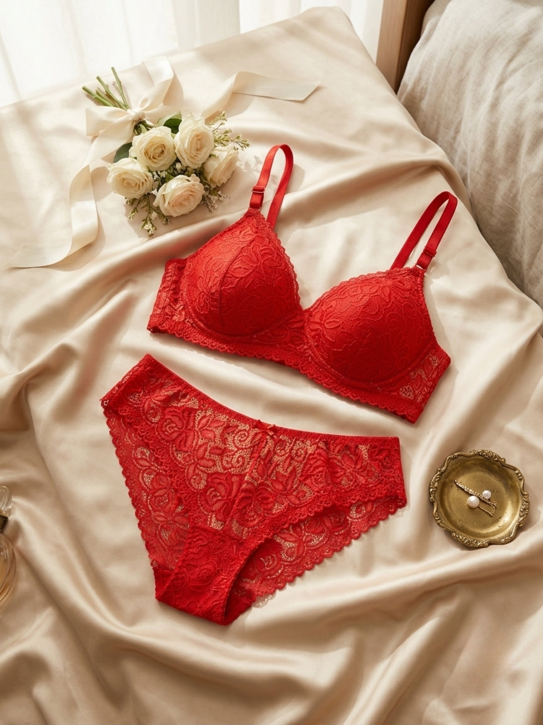 Floral Bra & Panty Lace Lingerie Set –Wire-Free, Lightly Padded