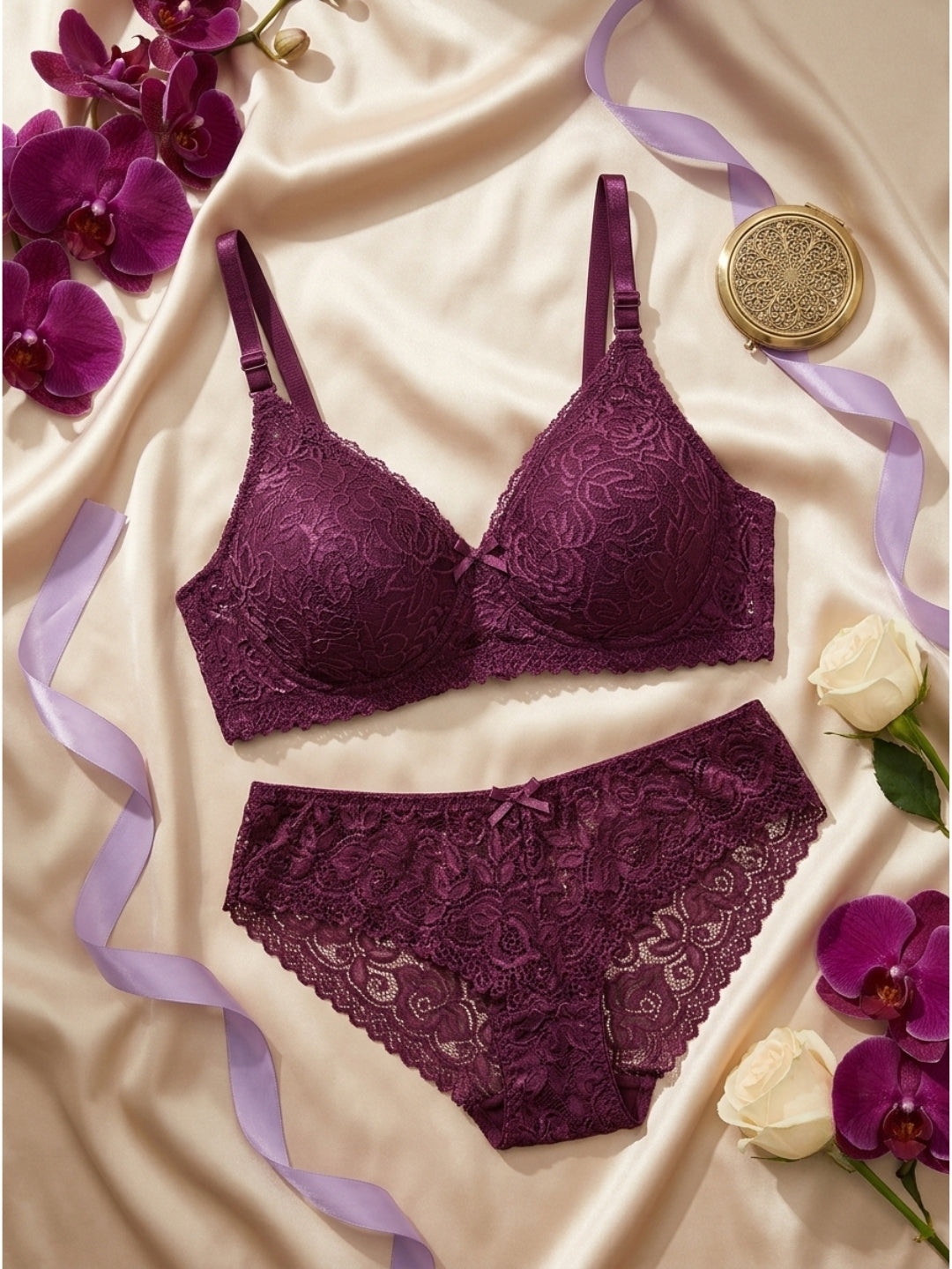 Floral Bra & Panty Lace Lingerie Set –Wire-Free, Lightly Padded