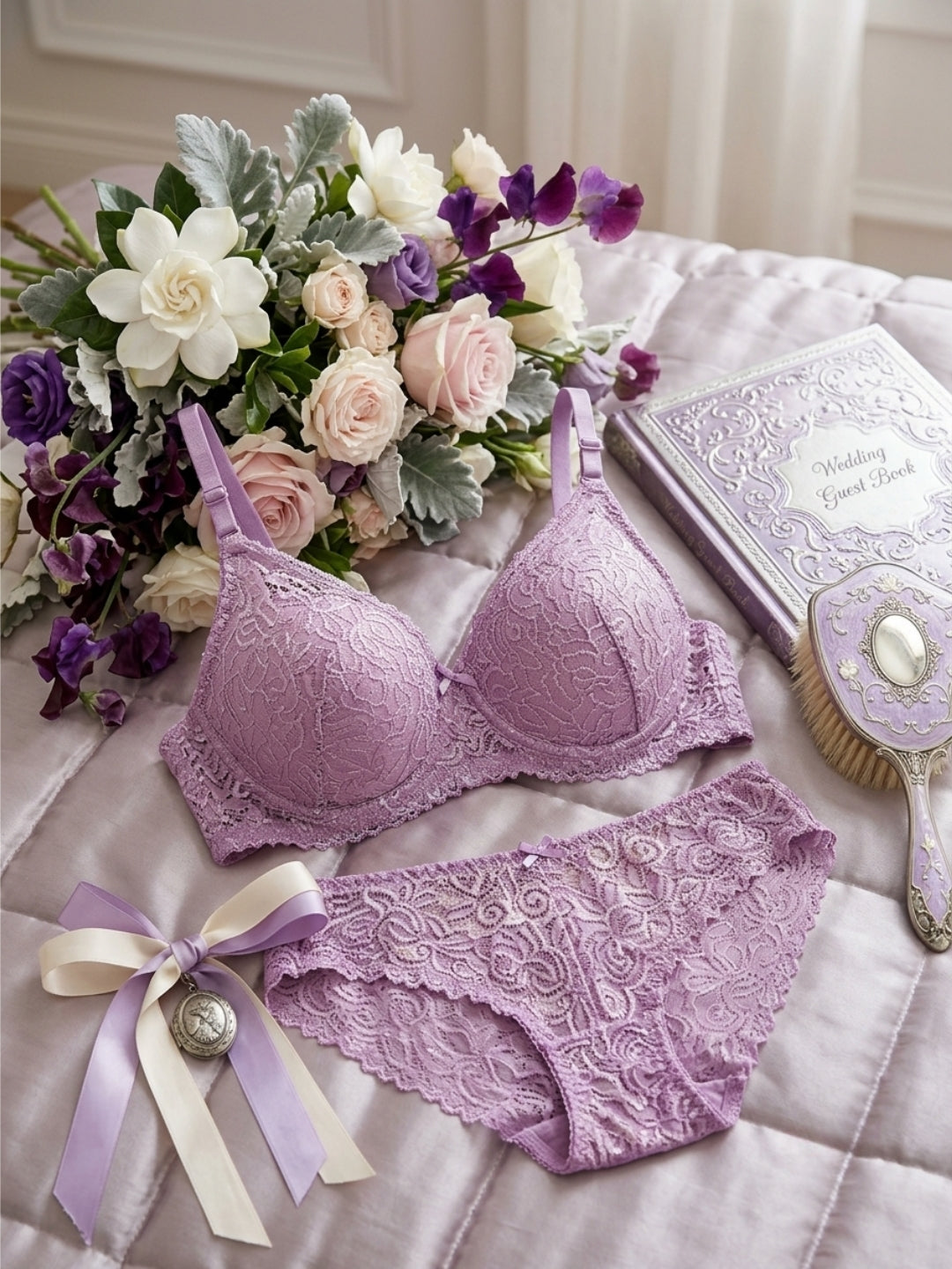 Floral Bra & Panty Lace Lingerie Set –Wire-Free, Lightly Padded