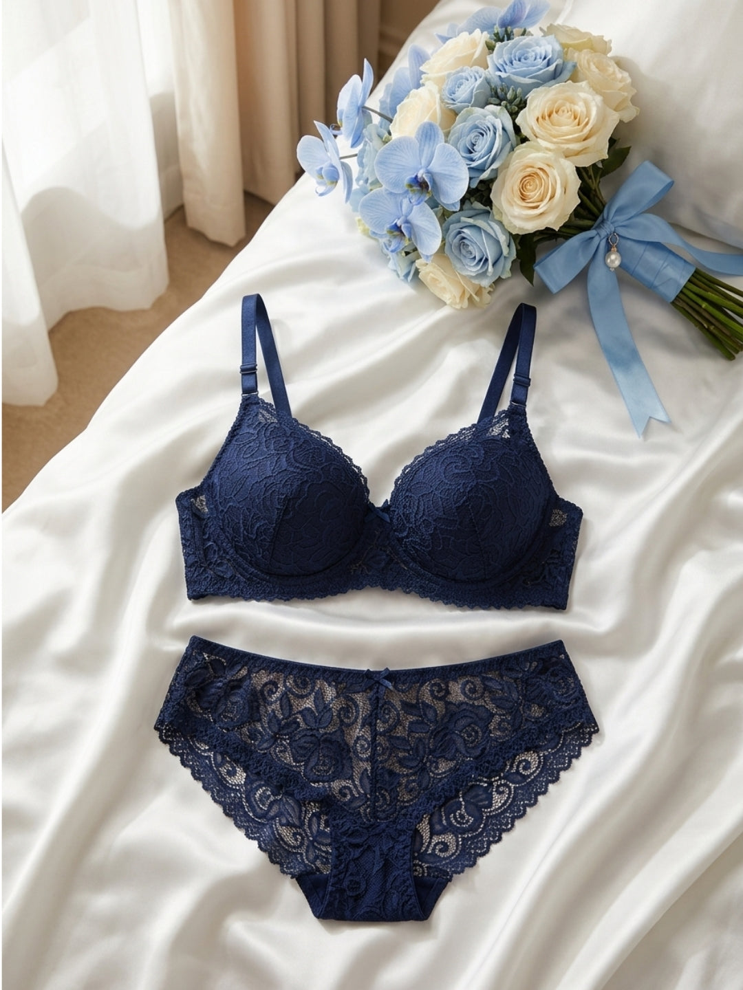 Floral Bra & Panty Lace Lingerie Set –Wire-Free, Lightly Padded