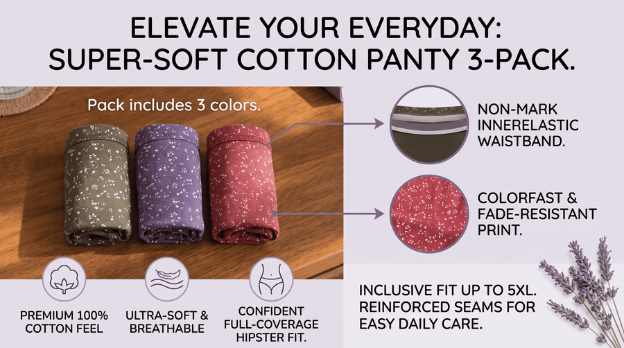 Cotton Hipster Panty – No Ride-Up Fit, Floral Print, Pack of 3 specification image