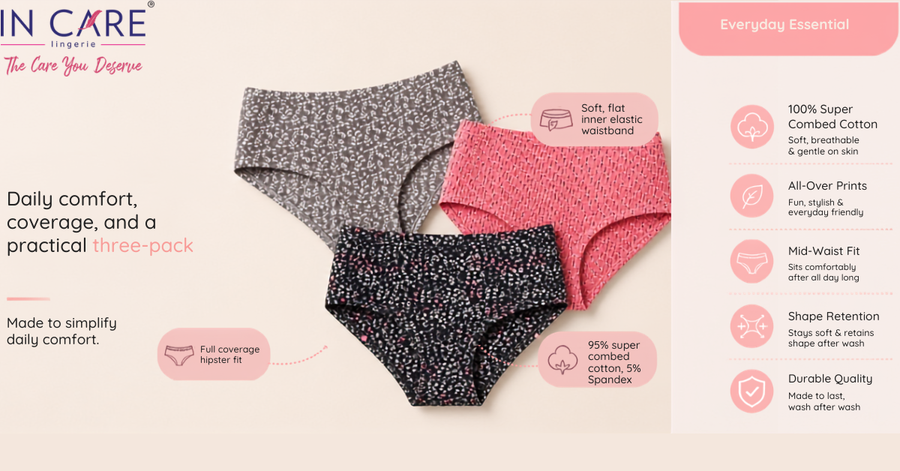 Cotton Hipster Panty Combo – Coral, Grey & Ink, Pack of 3 specification image