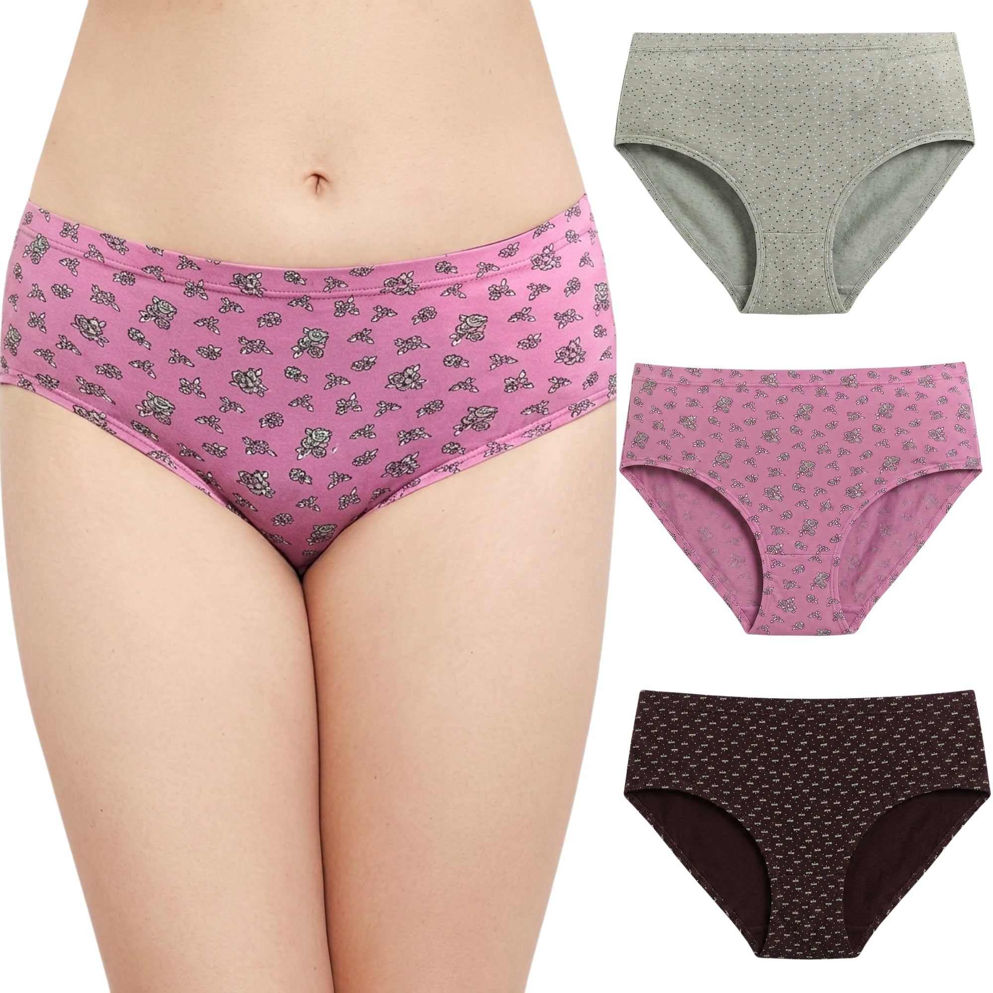 Three pairs of women's high-waisted briefs shown on a model and as floating product views: a pink pair with a small repeating floral print on the front, a light gray solid pair, and a dark brown pair with a small repeating floral print.