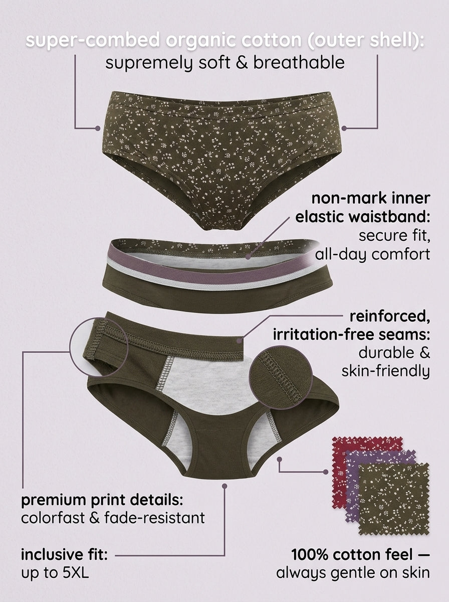 In Care 100% Cotton Hipster Panty – No Ride-Up Fit, Floral Print, Pack of 3