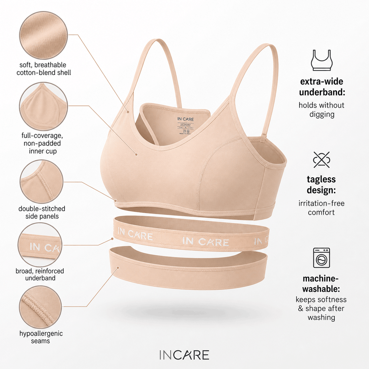 In Care Slip On Sports Bra – Non Padded Wire Free Cotton Bralette for Women