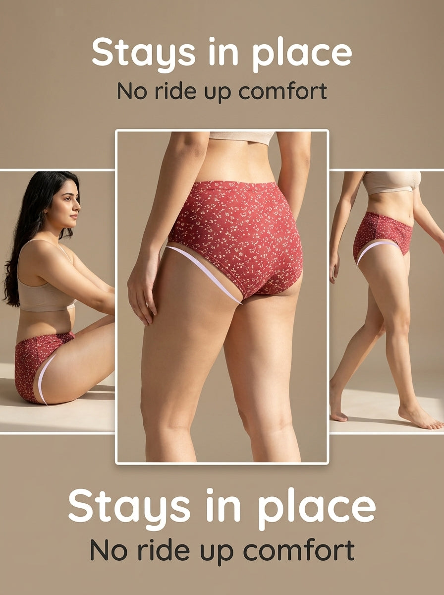 Cotton Hipster Panty – No Ride-Up Fit, Floral Print, Pack of 3