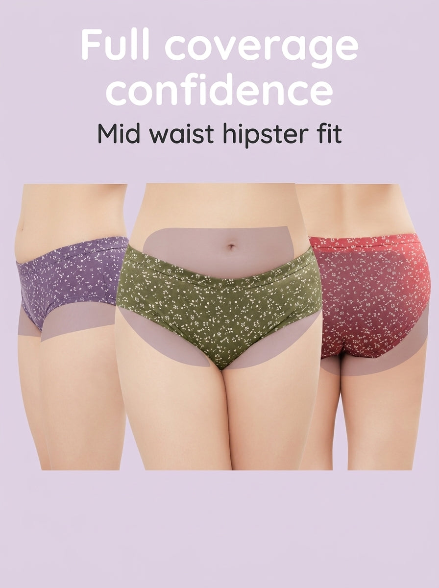 Cotton Hipster Panty – No Ride-Up Fit, Floral Print, Pack of 3