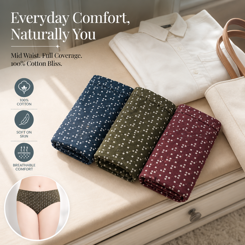 Cotton Hipster Panty – Soft Waistband, Full Coverage, Pack of 3