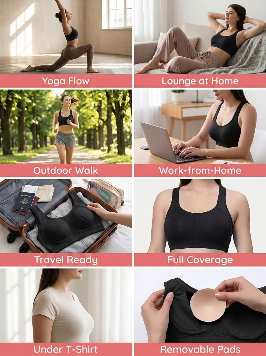 Padded Sports Bra with Removable Cups & Adjustable Straps