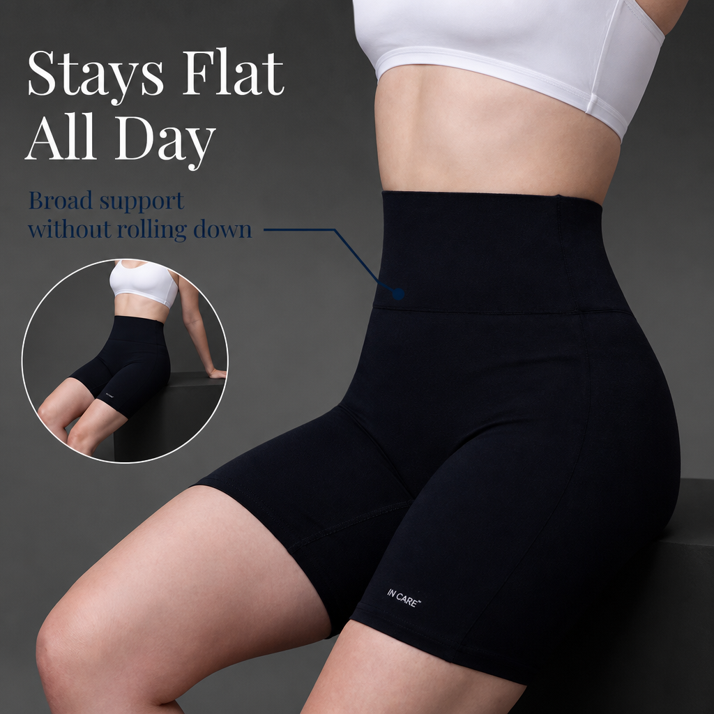 A model wearing high-waisted black athletic shorts with a white sports bra, shown against a dark gray background with promotional text and a circular inset demonstrating the shorts' support.
