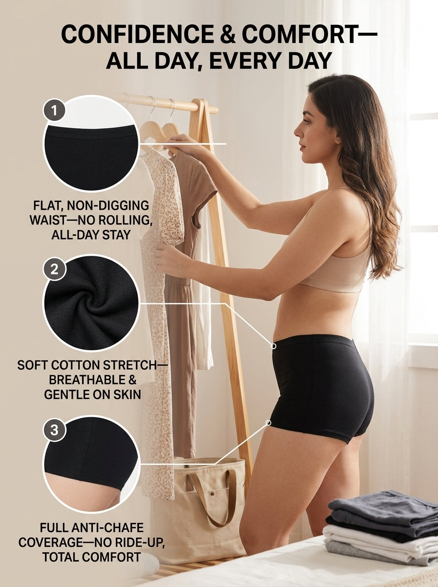 In Care Cotton Stretchable Boyshorts | Cotton Blend | Full Coverage | Pack of 2