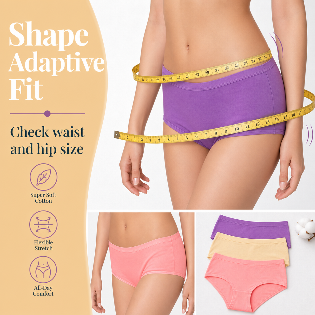 Promotional graphic for adaptive-fit underwear showing a model from the waist down wearing purple and pink briefs with a measuring tape around the waist. Text on the left reads 'Shape Adaptive Fit' and lists benefits like super soft cotton, flexible stretch, and all-day comfort.