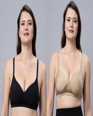 Medium Coverage T-shirt Padded Black and Skin Color Bra (Pack of 2)