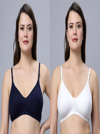 Non padded medium coverage White and Navy blue Color Everyday Bra (Pack of 2)