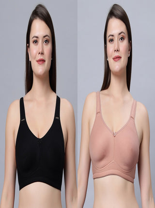 Non padded full coverage Black and Skin Color Bra (Pack of 2)