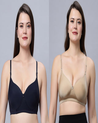 Medium Coverage T-shirt Padded Skin and Navy blue Color Bra (Pack of 2)