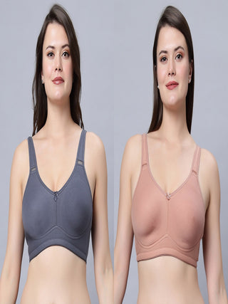 Full coverage non padded T-shirt  Skin and Grey Color Bra (Pack of 2)