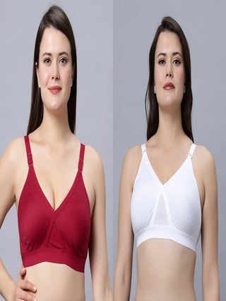 Full Coverage Non Padded Red and White color T shirt bra (Pack of 2)